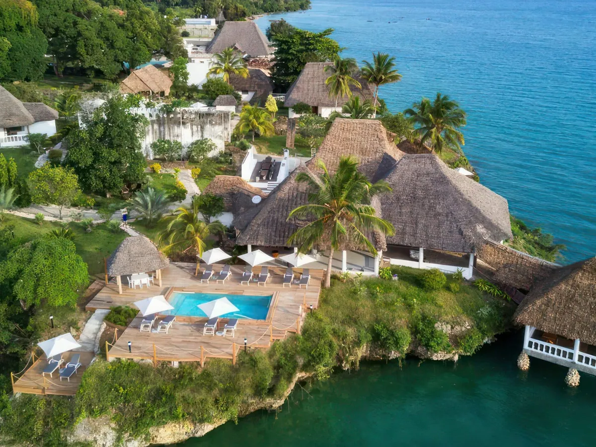 Aerial Zanzibar coastline and Indian Ocean